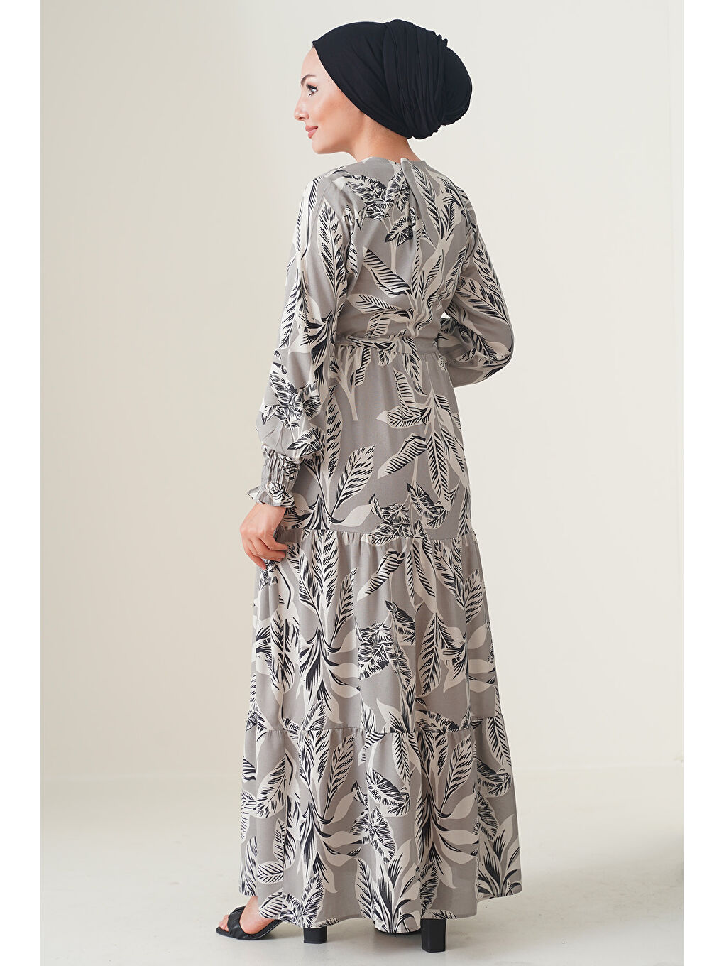 Bej 2145 Desenli Tesettür Elbise - Taş-5