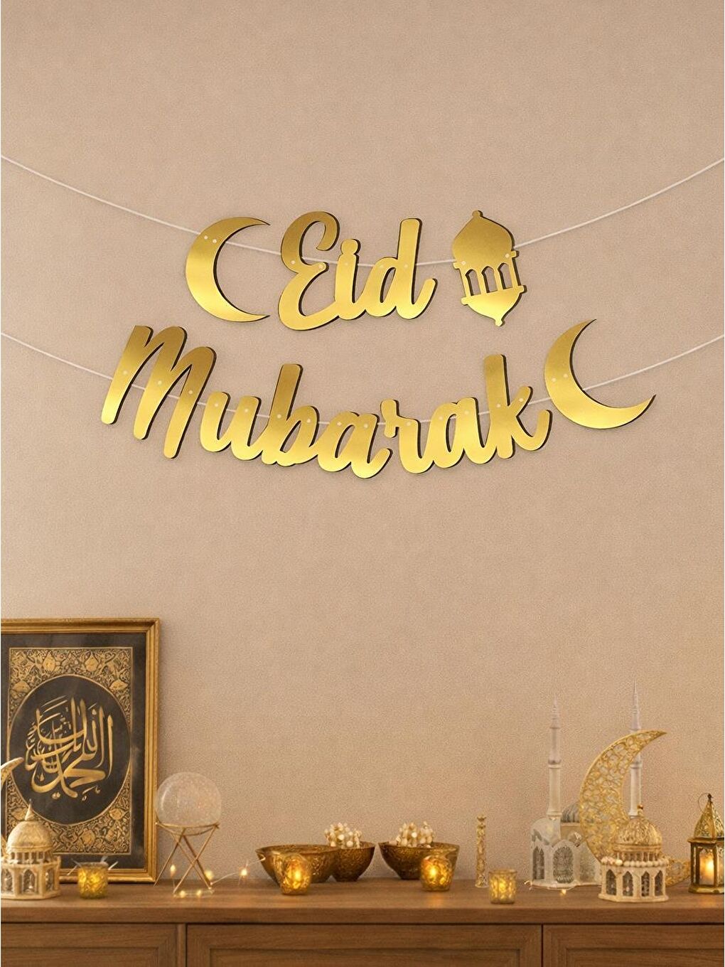 Sarı Eid Mubarek Kaligrafi Duvar Yazısı Ramazan Süsü Altın Renk