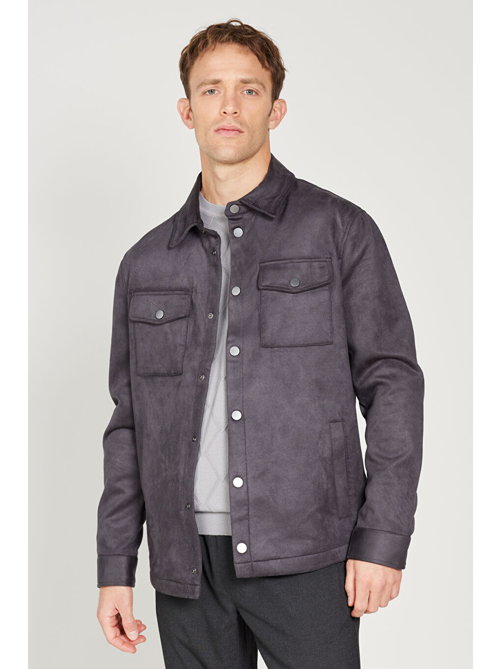 Erkek Antrasit Standart Fit Normal Kesim Gömlek Yaka Yağlı Görünümlü Mont