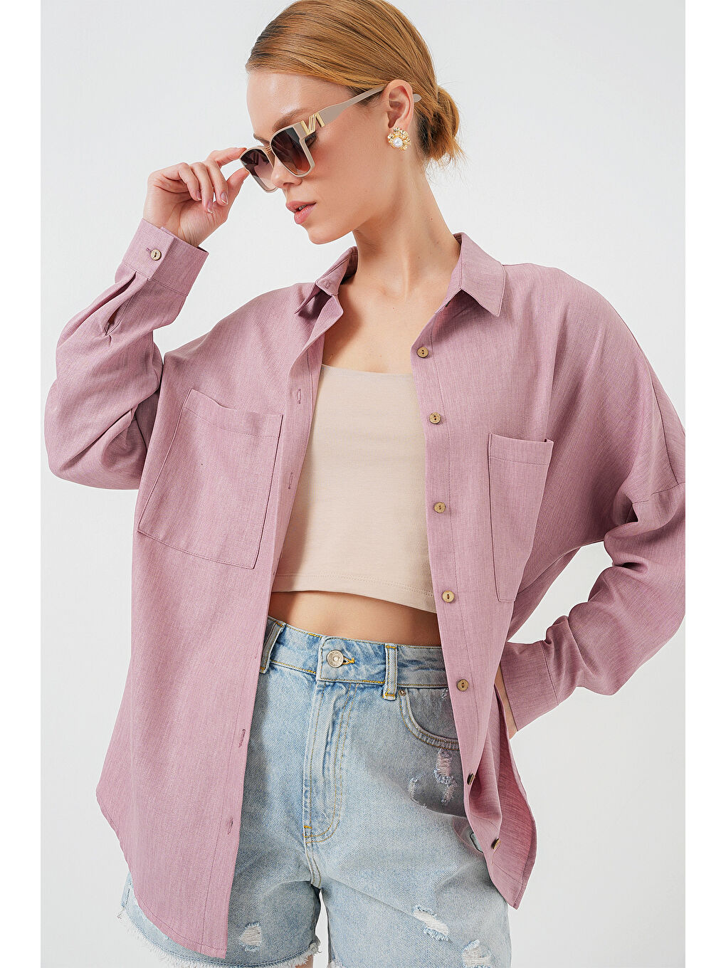 Pembe 20126 Oversize Keten Gömlek - Gül Kurusu