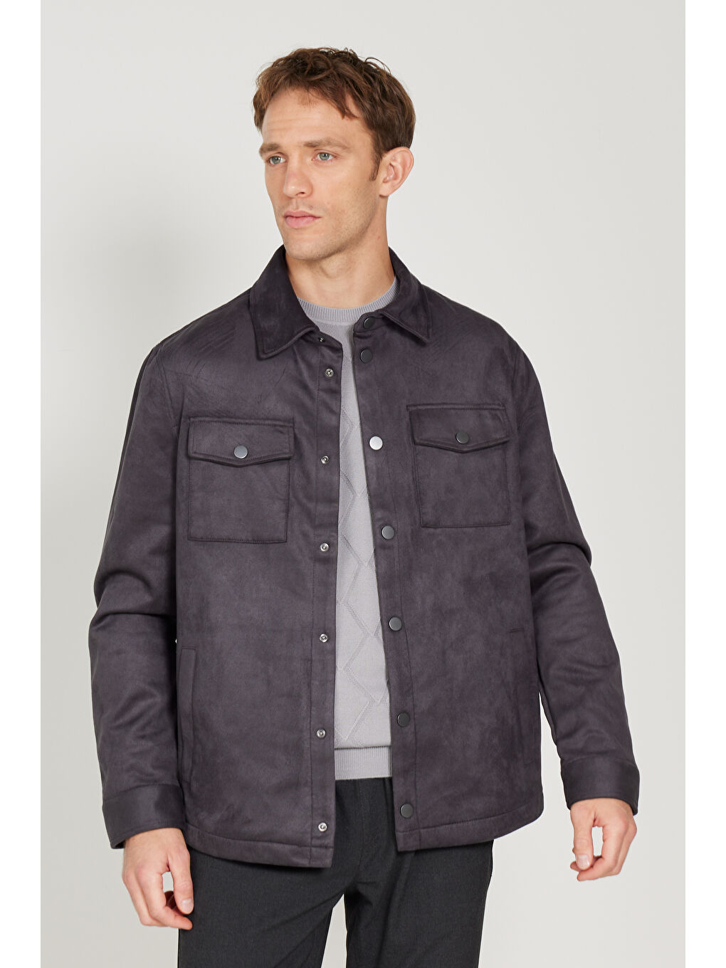 Erkek Antrasit Standart Fit Normal Kesim Gömlek Yaka Yağlı Görünümlü Mont-3