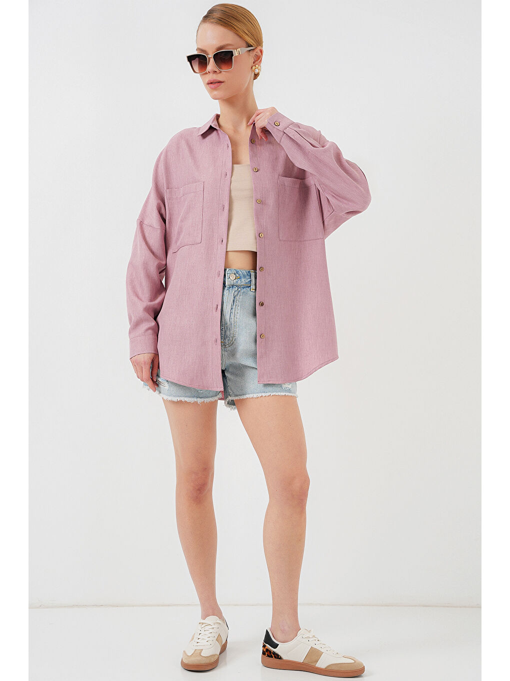 Pembe 20126 Oversize Keten Gömlek - Gül Kurusu-1