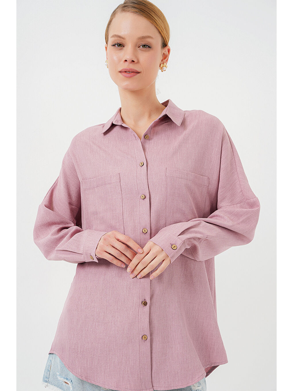 Pembe 20126 Oversize Keten Gömlek - Gül Kurusu-2
