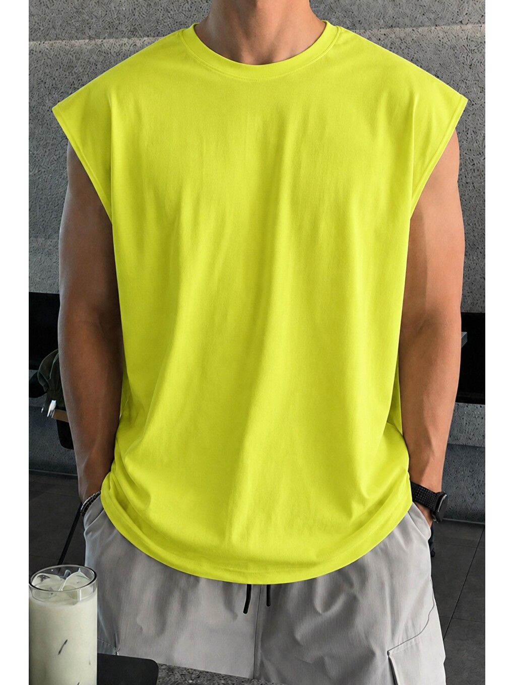 Yeşil Erkek Oversize Kolsuz Tişört %100 Pamuk Süprem Basic Bisiklet Yaka