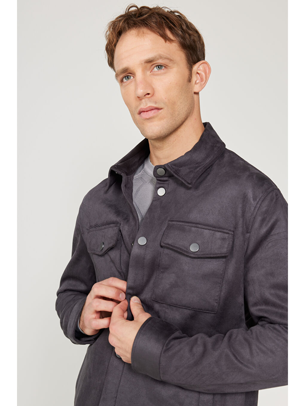 Erkek Antrasit Standart Fit Normal Kesim Gömlek Yaka Yağlı Görünümlü Mont-5