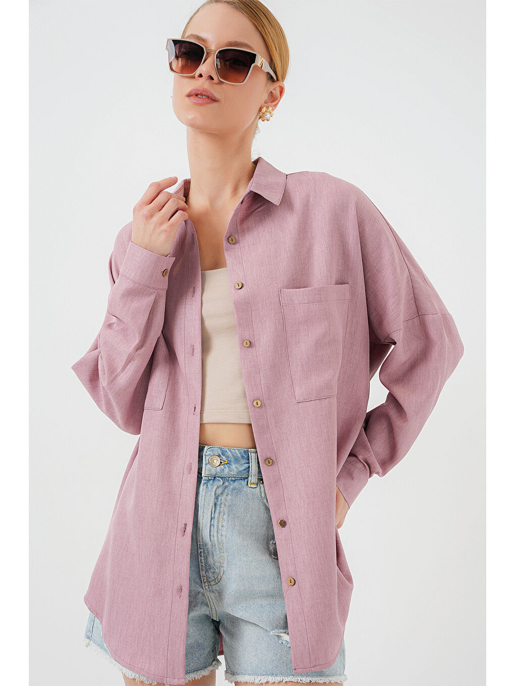 Pembe 20126 Oversize Keten Gömlek - Gül Kurusu-3
