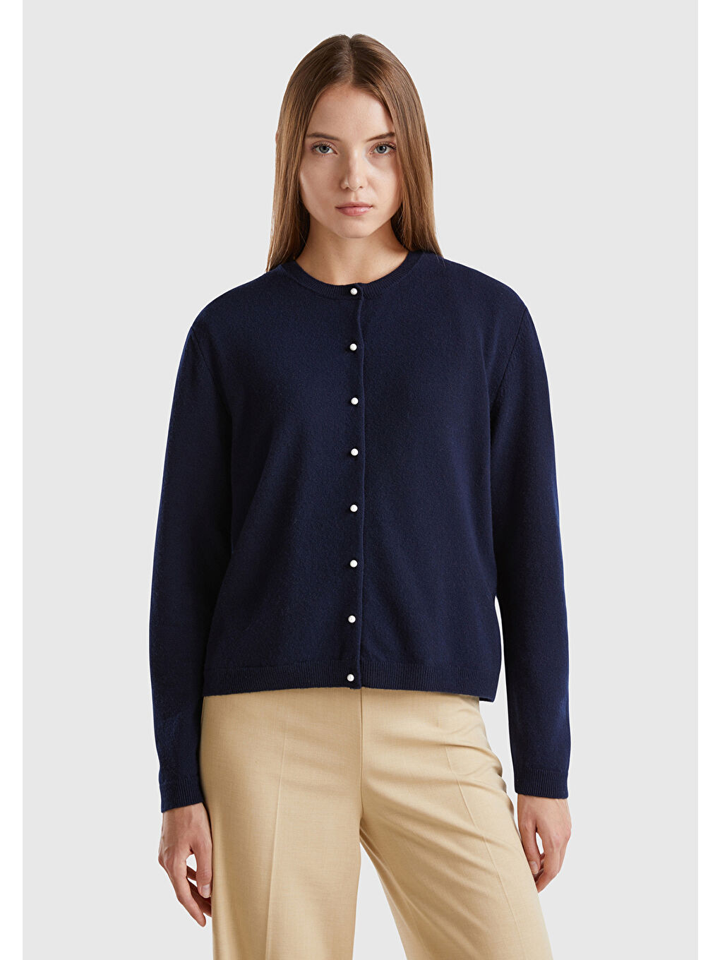 Kadın Lacivert Bisiklet Yaka %İnci Düğmeli Merino Hırka