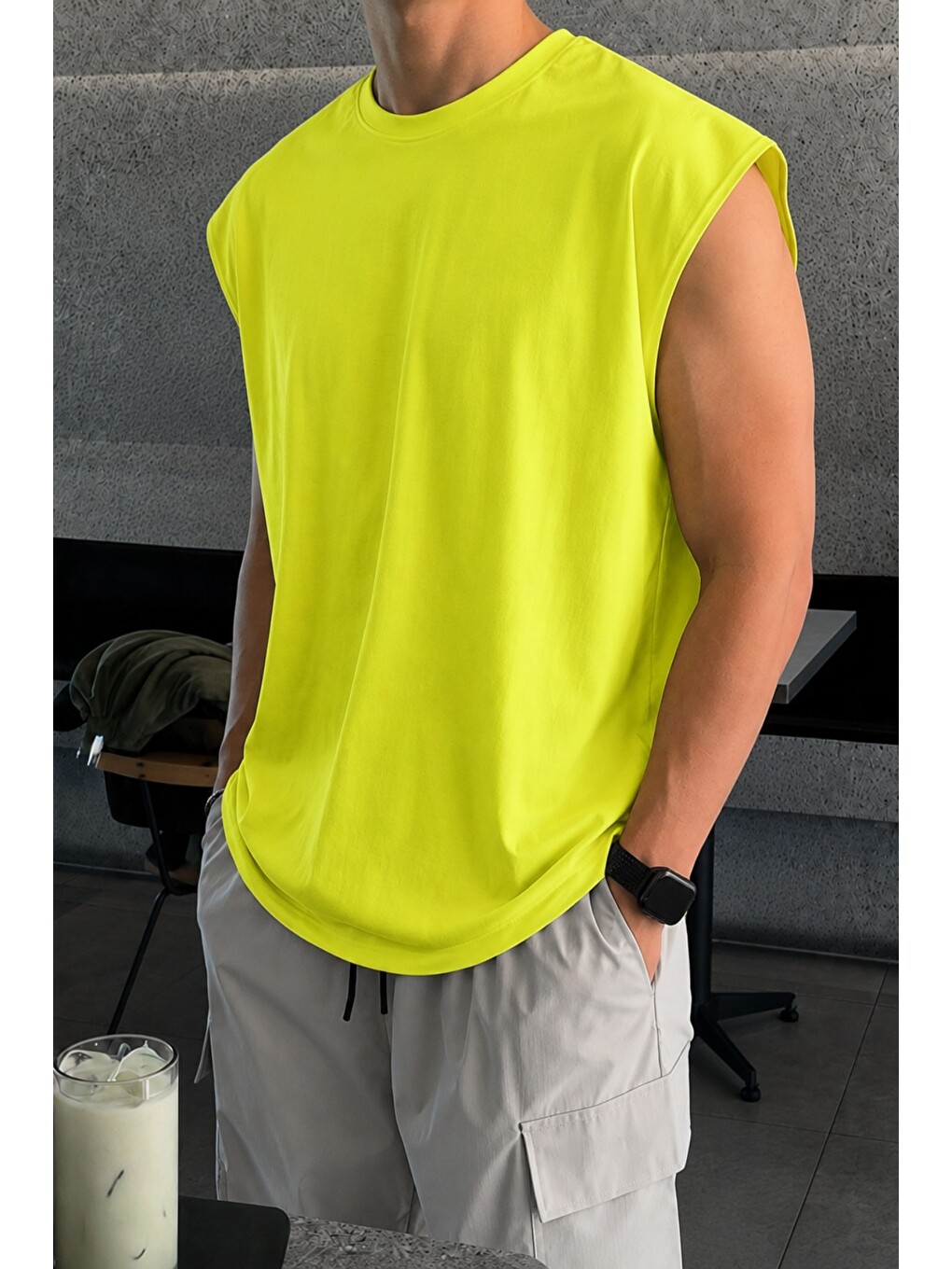 Yeşil Erkek Oversize Kolsuz Tişört %100 Pamuk Süprem Basic Bisiklet Yaka-1