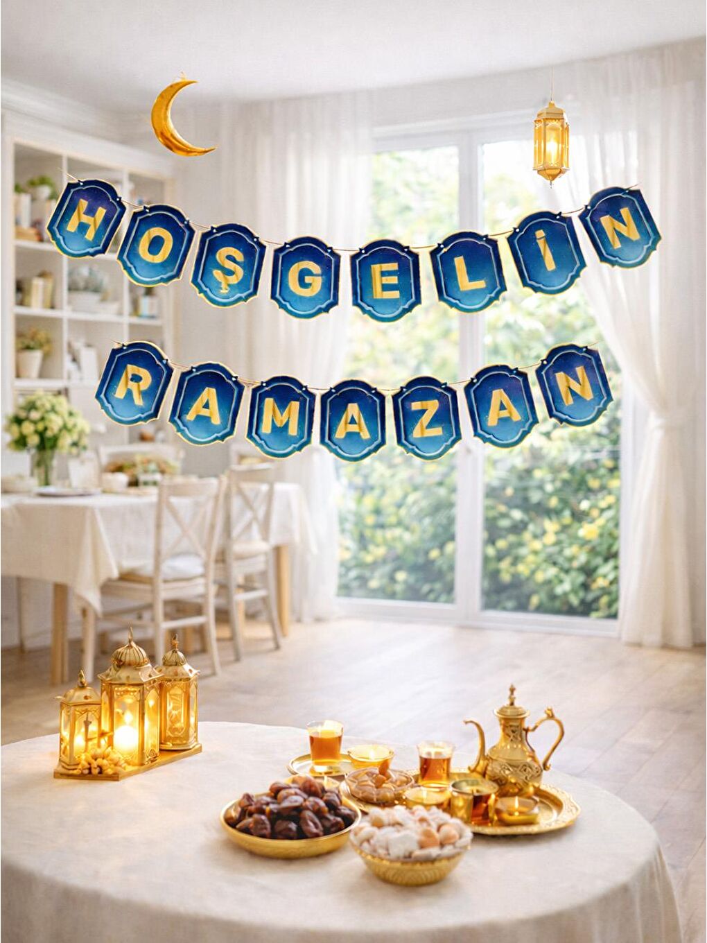 Hoşgeldin Ramazan Duvar Yazısı Banner Süs Altın Varaklı Lacivert