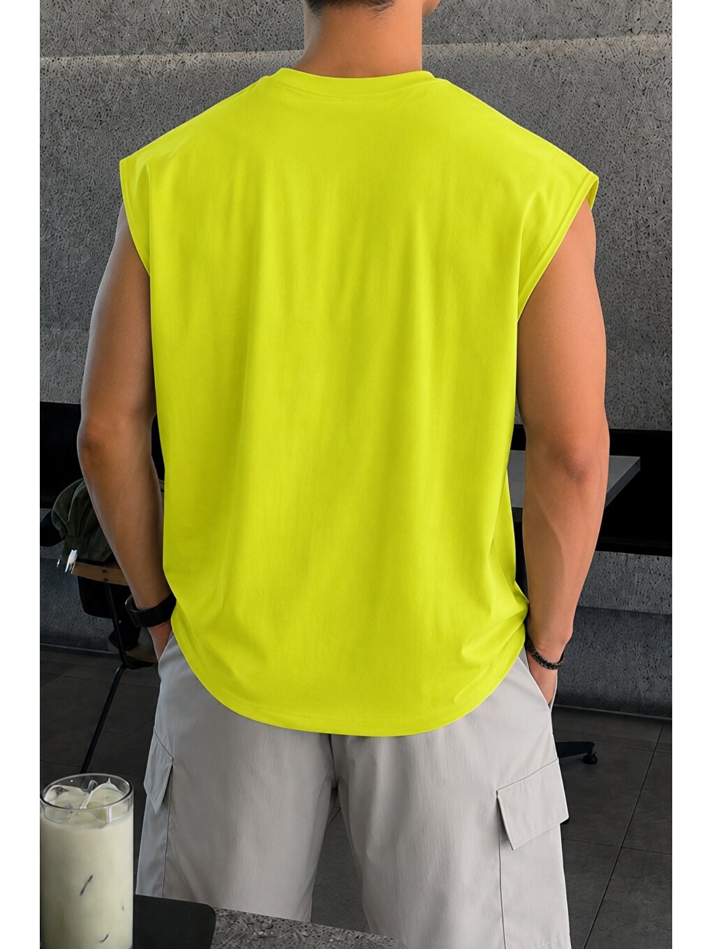 Yeşil Erkek Oversize Kolsuz Tişört %100 Pamuk Süprem Basic Bisiklet Yaka-2