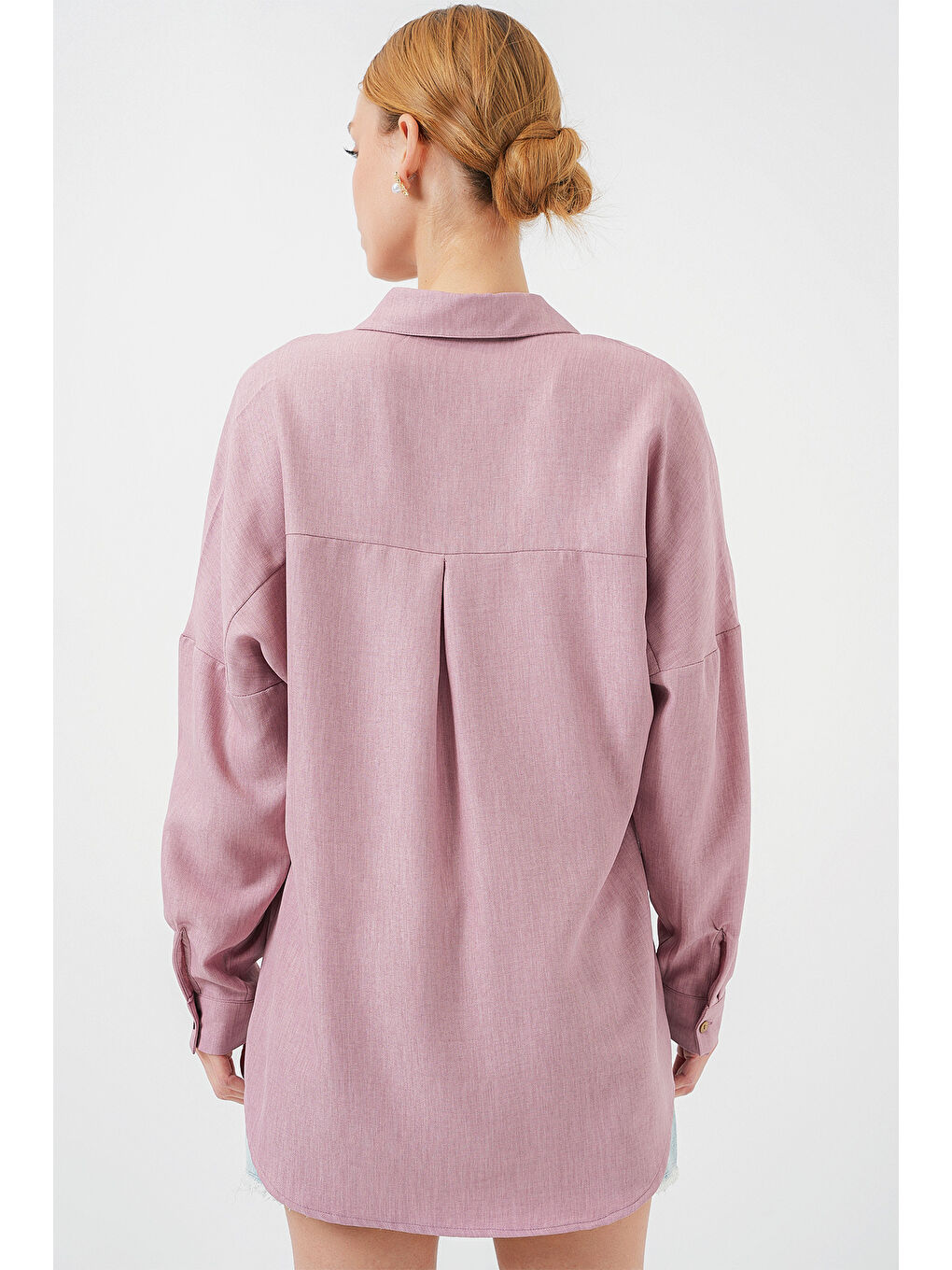 Pembe 20126 Oversize Keten Gömlek - Gül Kurusu-5
