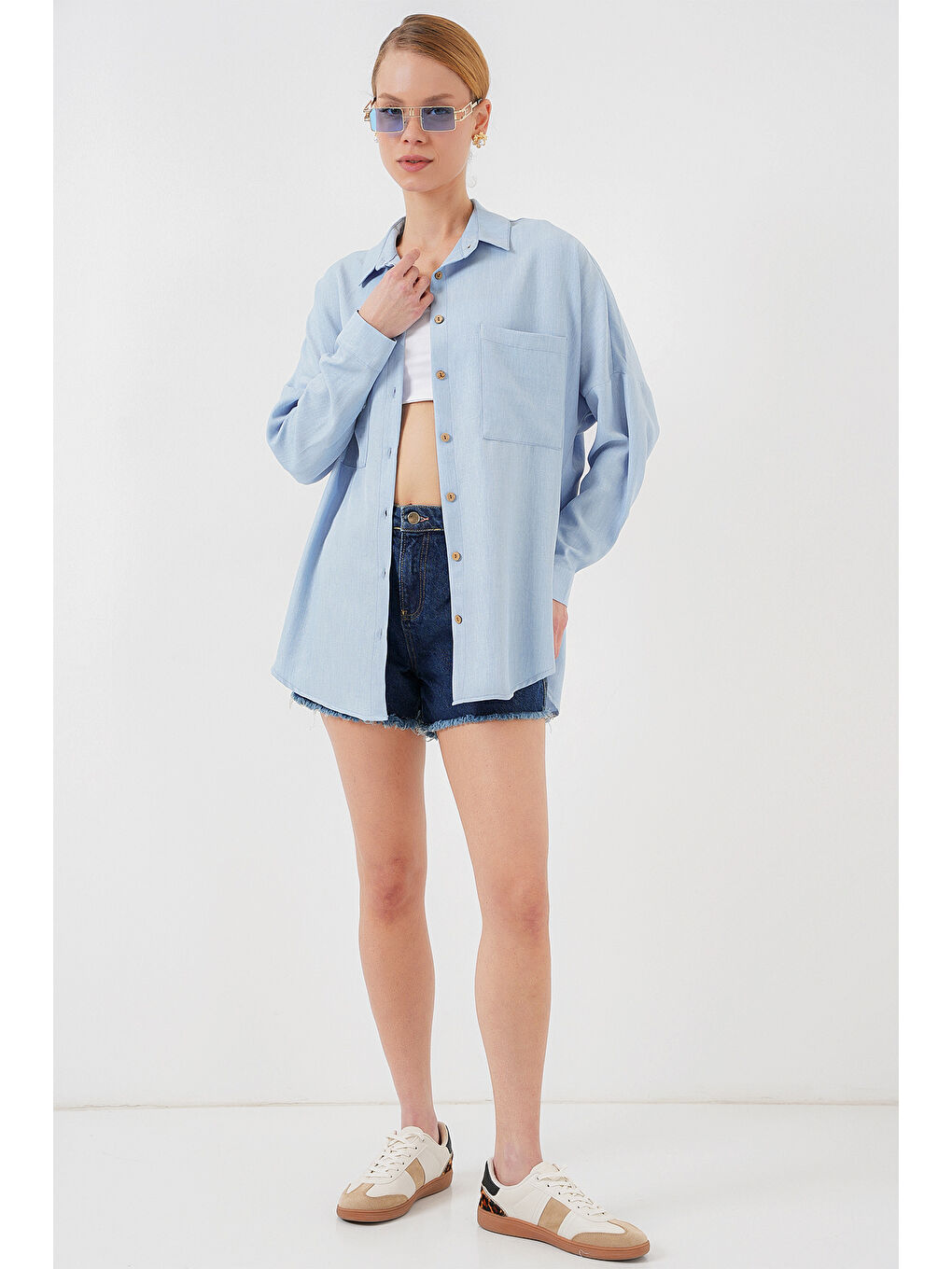 20126 Oversize Keten Gömlek - Mavi-1