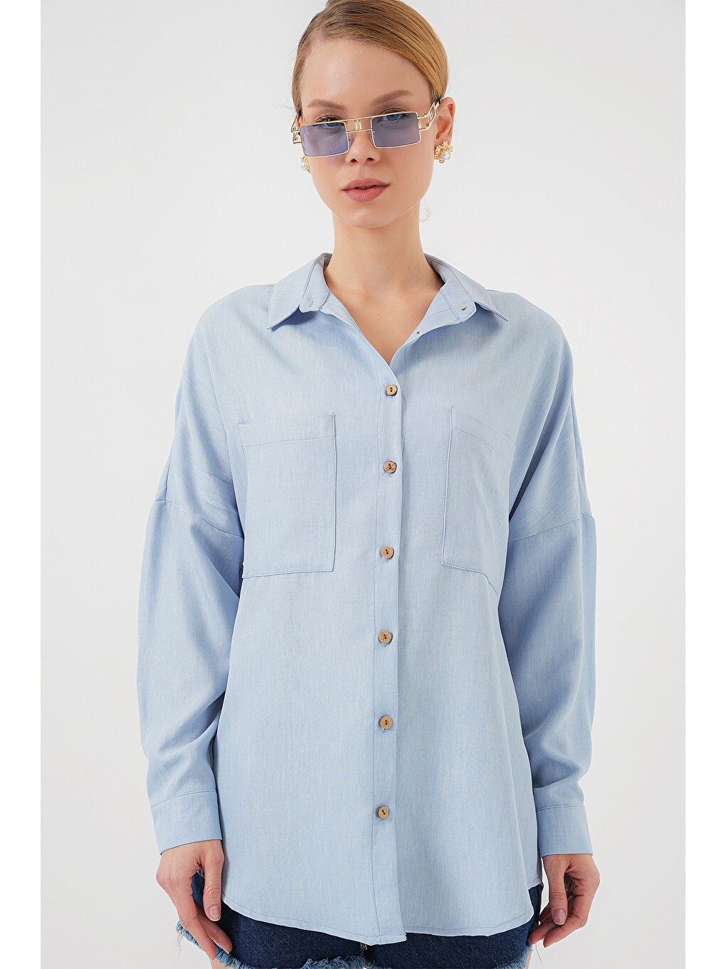 20126 Oversize Keten Gömlek - Mavi-2
