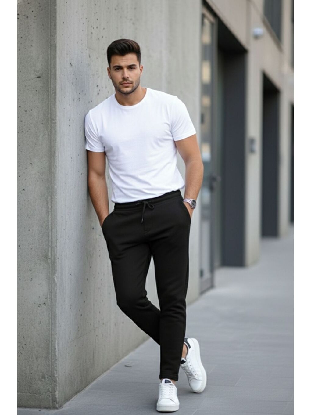 Erkek Beli Lastikli 3 Iplik Düz Paça Siyah Eşofman Altı-3