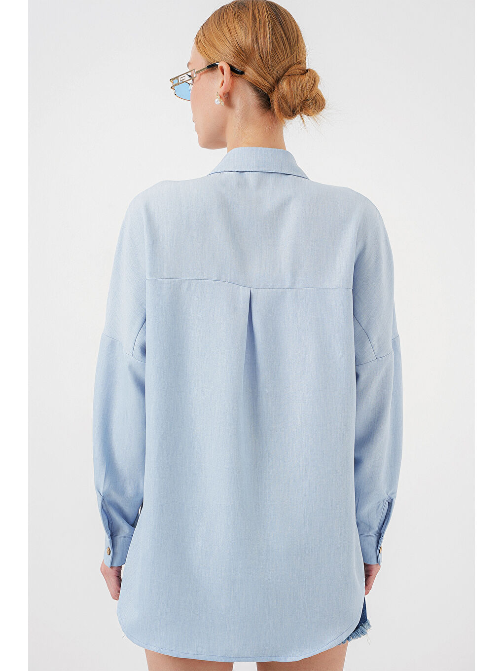 20126 Oversize Keten Gömlek - Mavi-4