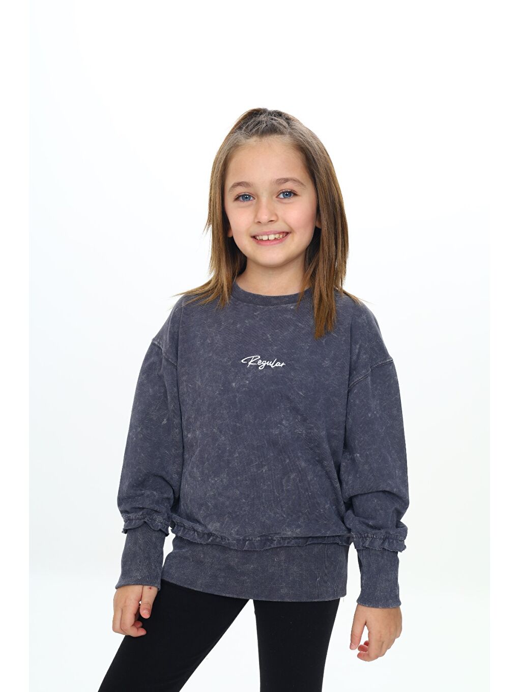 Gri Kız Çocuk Yıkamalı Nakışlı Sweatshirt