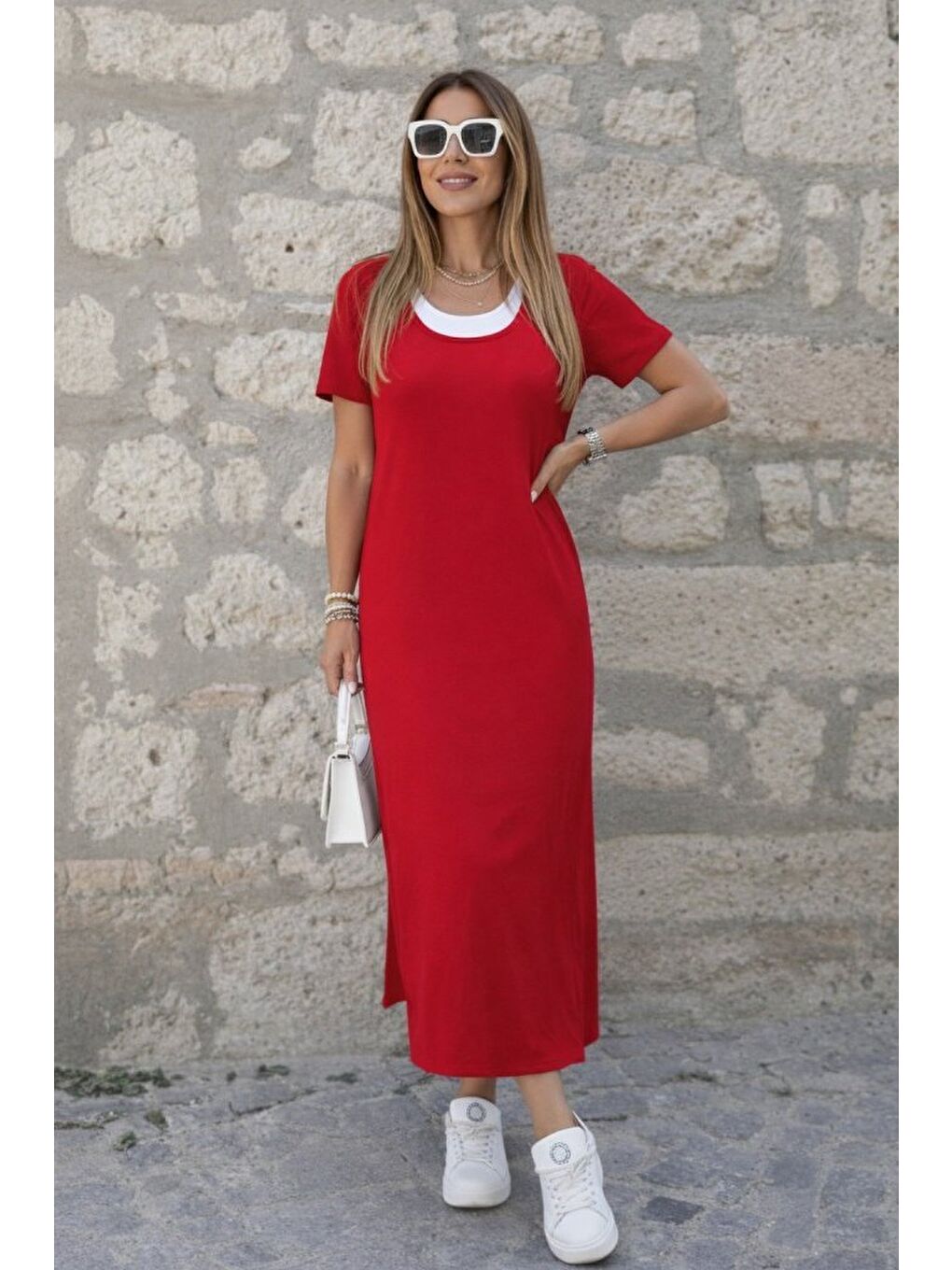 Kırmızı Kadın Kısa Kollu Içi Atlet Görünümlü Yandan Yırtmaçlı Uzun Viskon Elbise-1