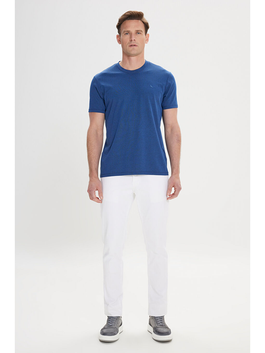 Erkek Lacivert Slim Fit Dar Kesim Bisiklet Yaka Pamuklu Tişört-1