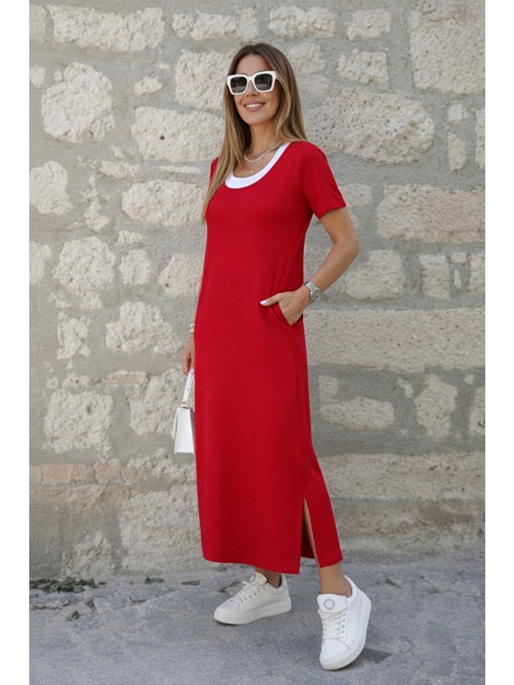 Kırmızı Kadın Kısa Kollu Içi Atlet Görünümlü Yandan Yırtmaçlı Uzun Viskon Elbise-2