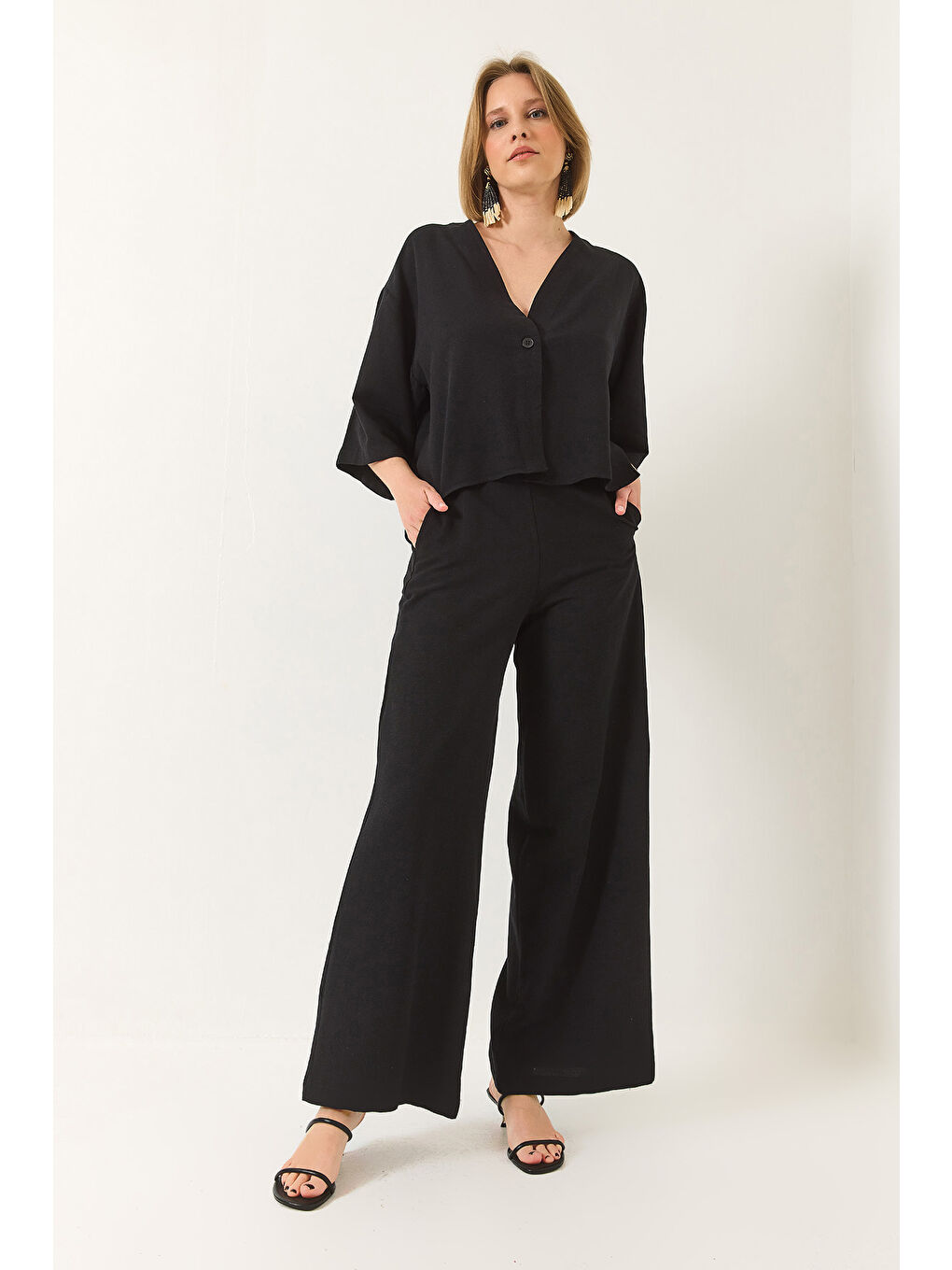 Siyah Kadın V Yaka Yarasa Kol Keten Kimono Palazzo Pantolonlu Alt-Üst Takım-2
