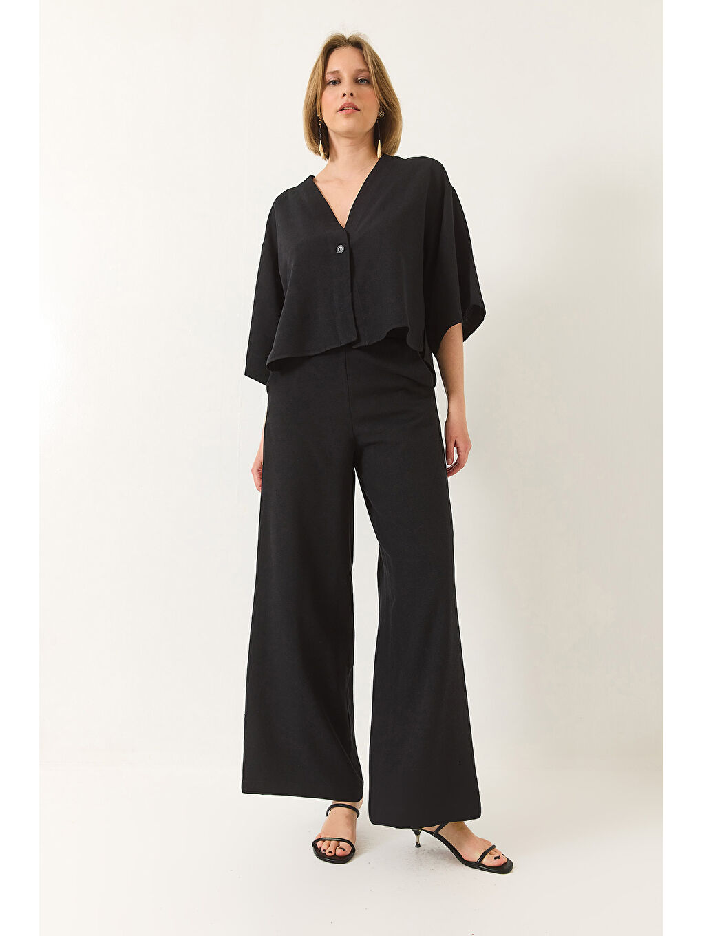 Siyah Kadın V Yaka Yarasa Kol Keten Kimono Palazzo Pantolonlu Alt-Üst Takım-3