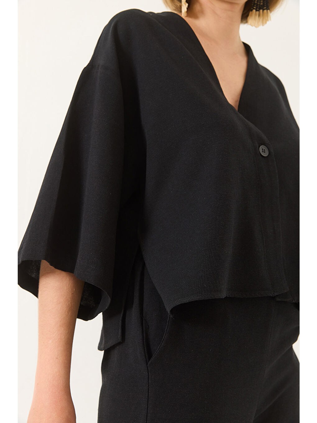 Siyah Kadın V Yaka Yarasa Kol Keten Kimono Palazzo Pantolonlu Alt-Üst Takım-4