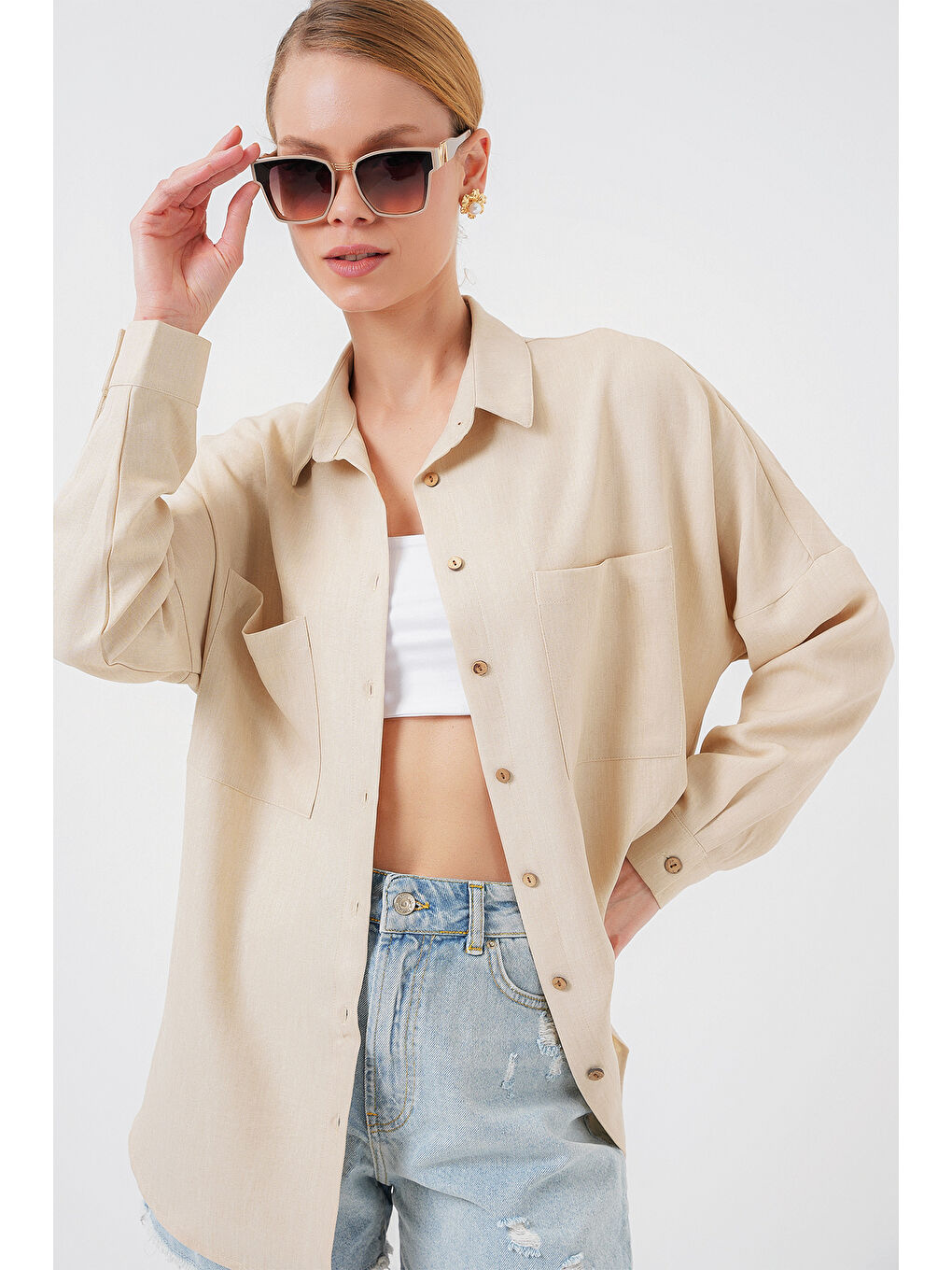 20126 Oversize Keten Gömlek - Bej