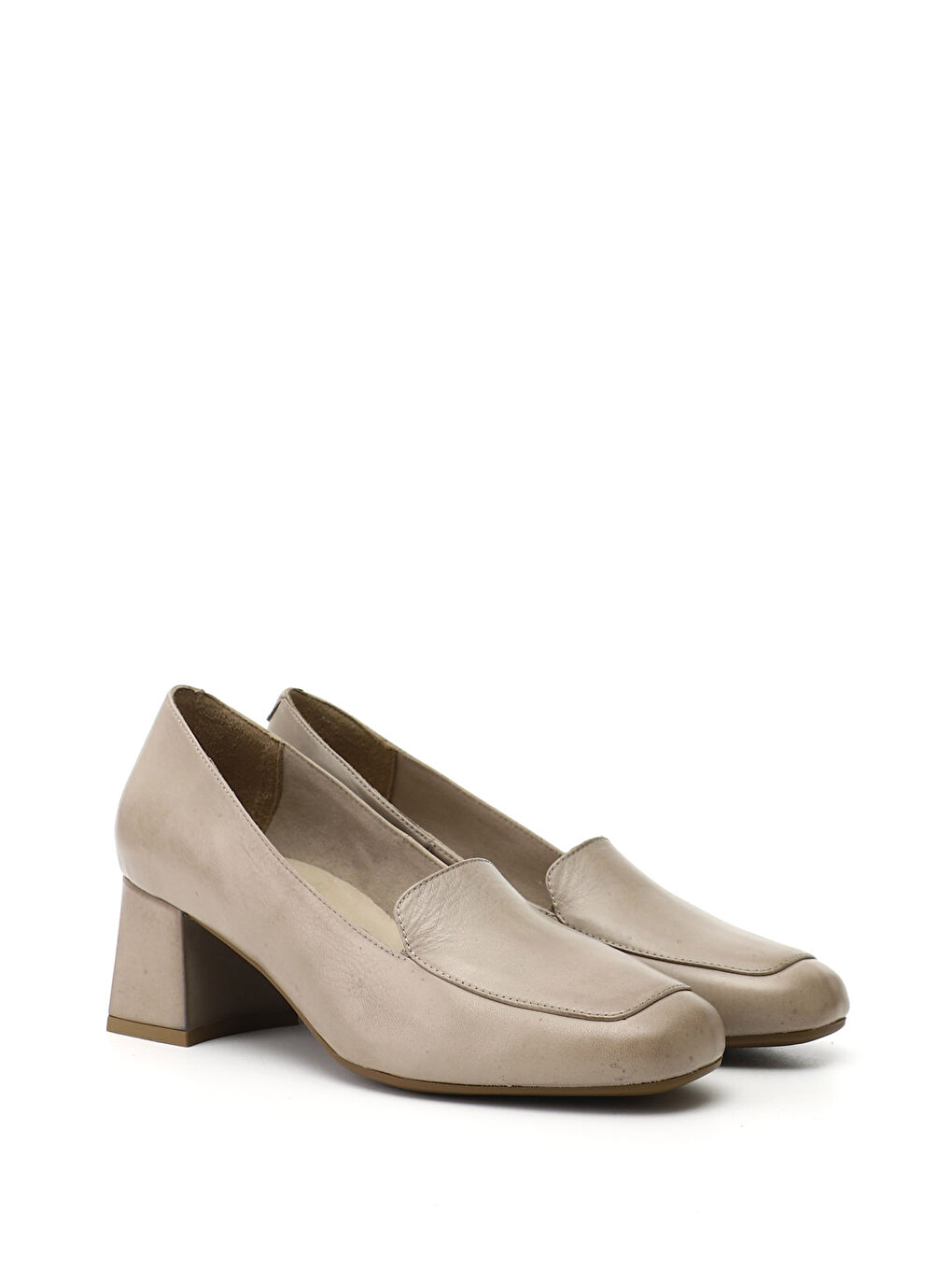 Bej Kadın AÇIK BEJ Küt Burun Kalın Topuklu Hakiki Deri Ayakkabı-1