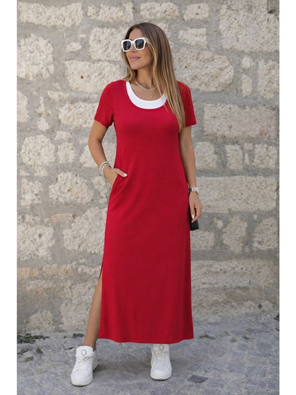 Kırmızı Kadın Kısa Kollu Içi Atlet Görünümlü Yandan Yırtmaçlı Uzun Viskon Elbise-3