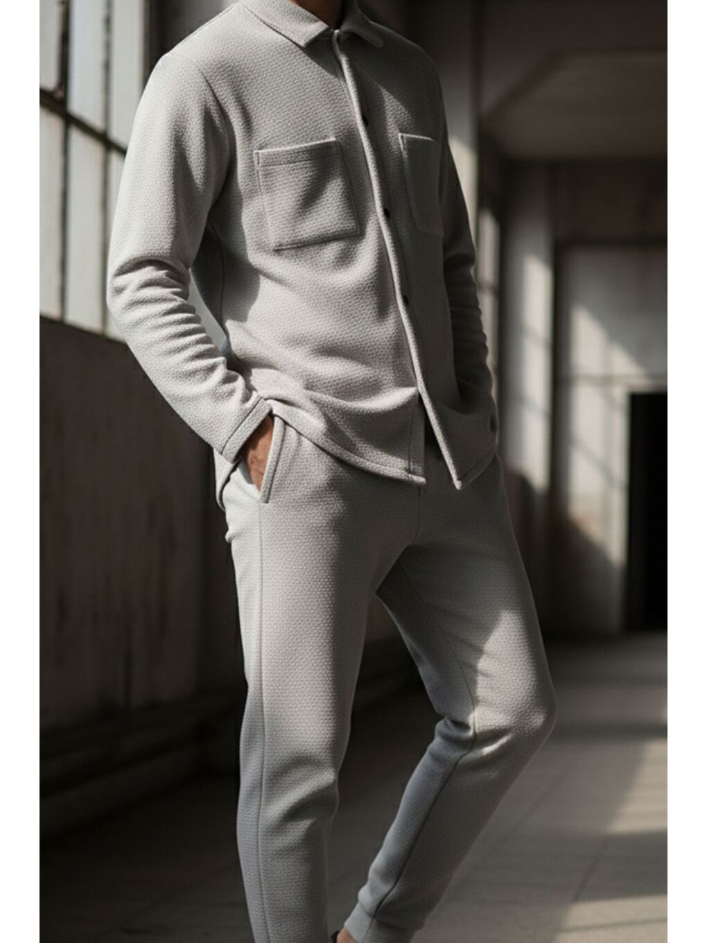 Bej Erkek Kendinden Desenli Ön Çıtçıtlı Gömlek Bel Lastikli Pantolon İkili Takım-2