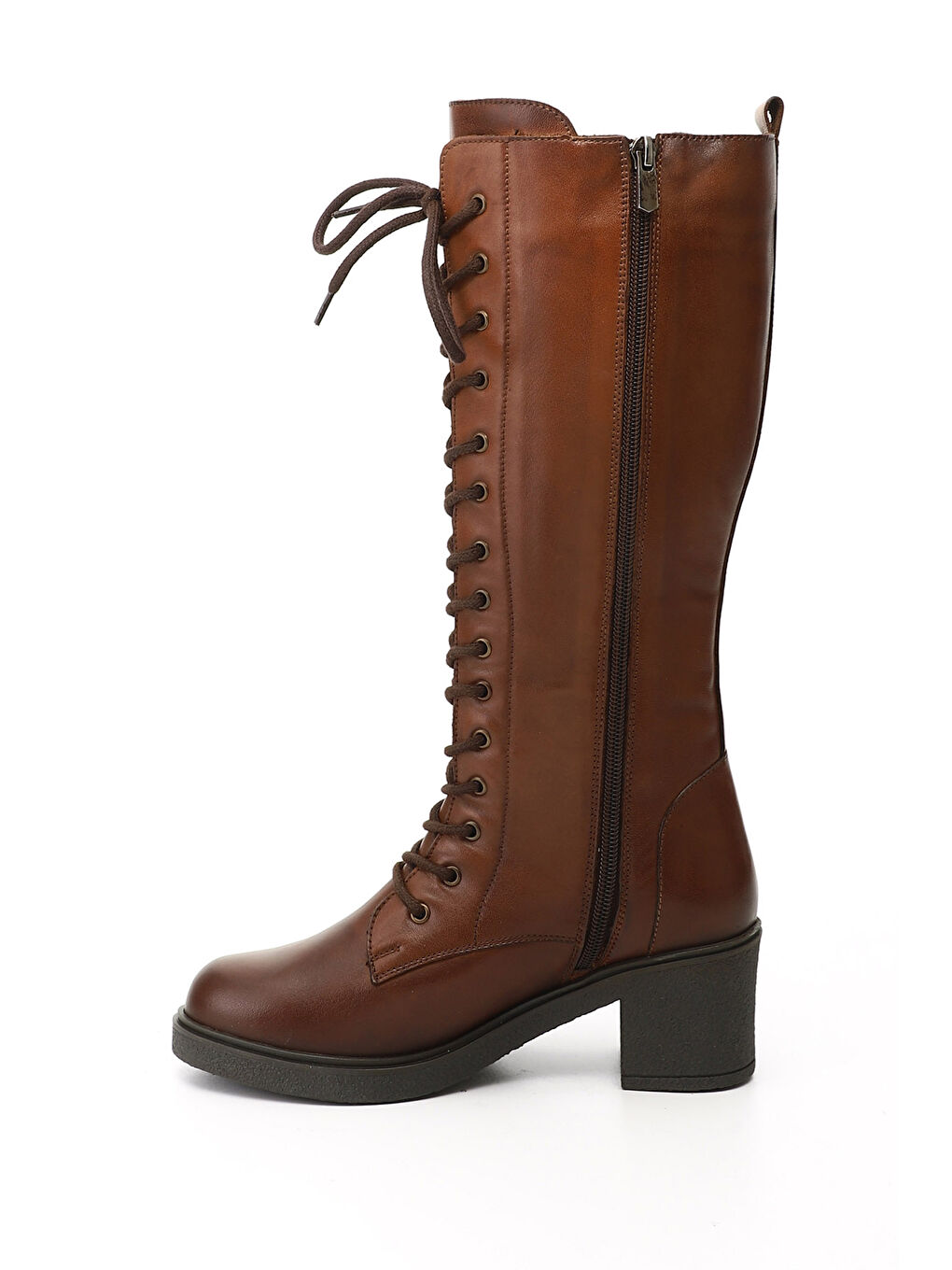 Kahverengi Kadın KAHVERENGİ-TABA Fermuarlı Kalın Topuklu Hakiki Deri Postal Çizme-2