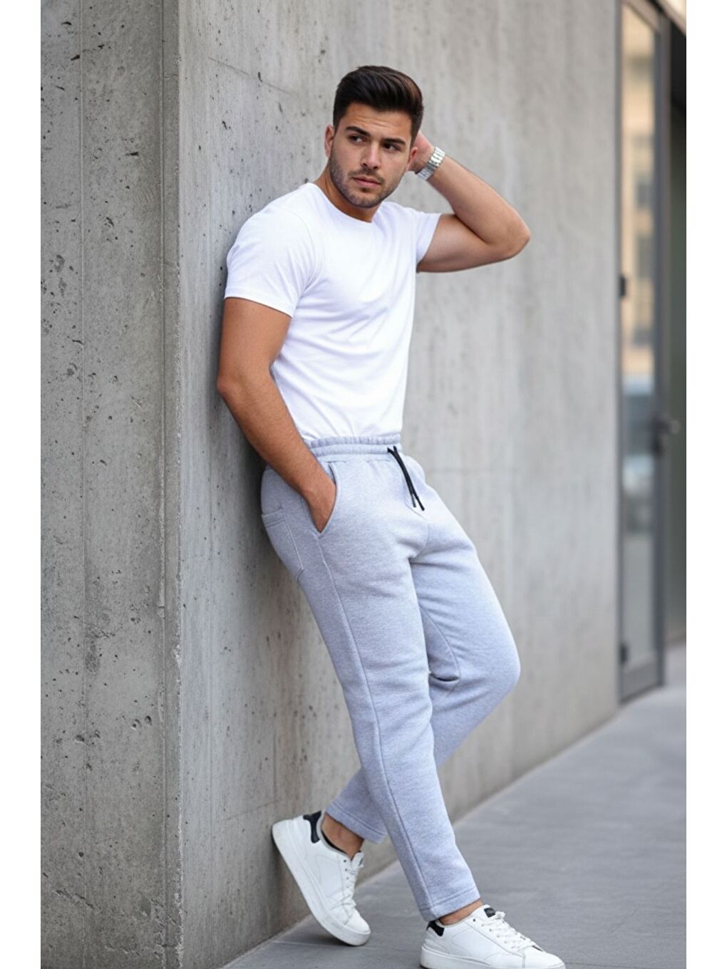 Erkek Beli Lastikli 3 Iplik Düz Paça Gri Eşofman Altı-2