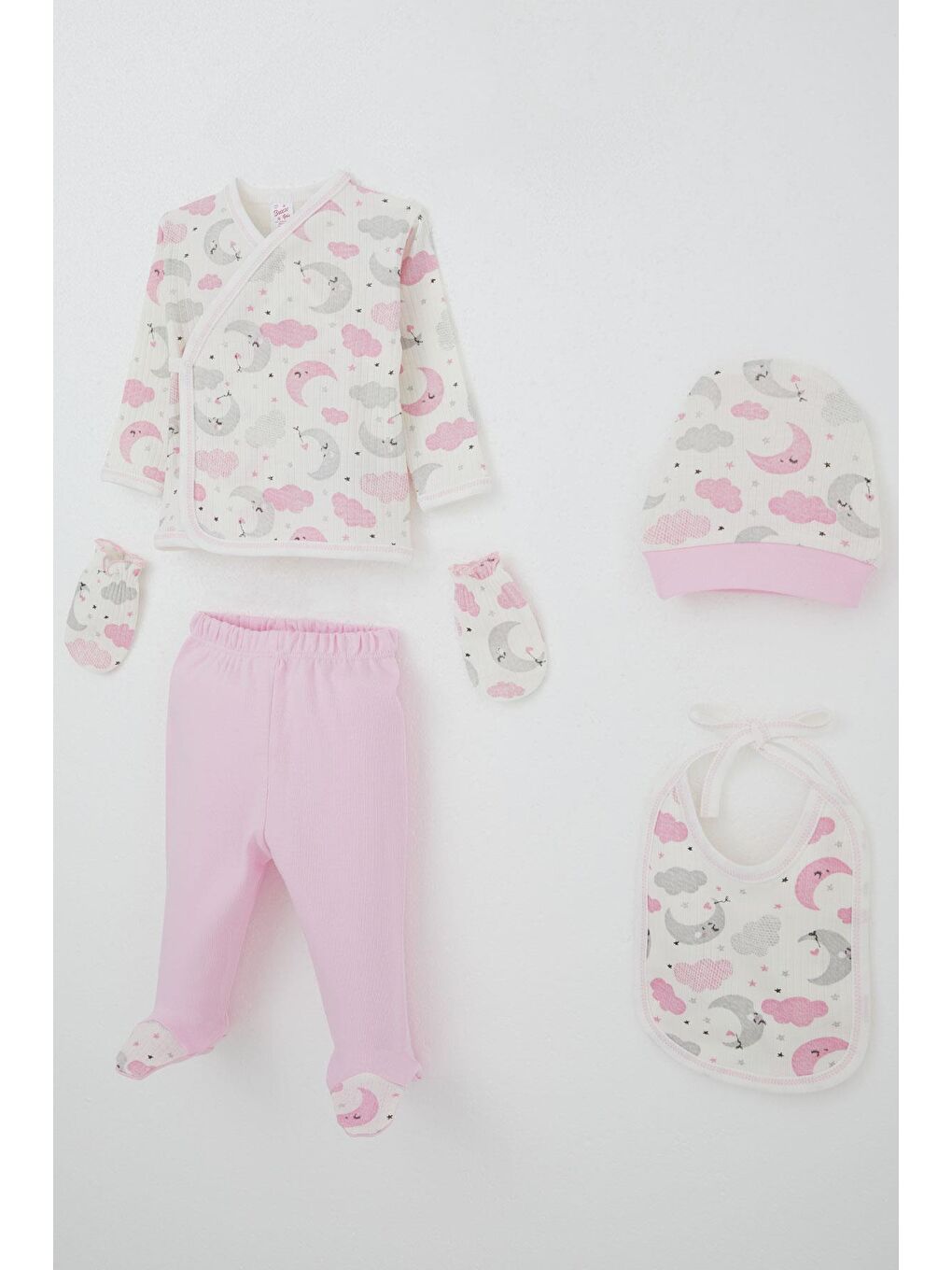 Kız Bebek Hastane Çıkışı 5 Li Gökyüzü Temalı Uykucu Ay Desenli Ekru (0-3 Ay)-1