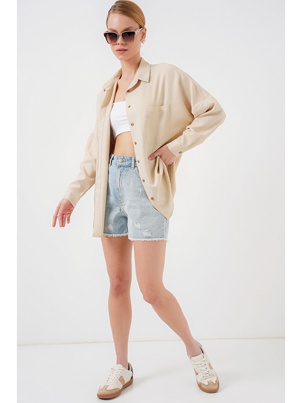 20126 Oversize Keten Gömlek - Bej-1