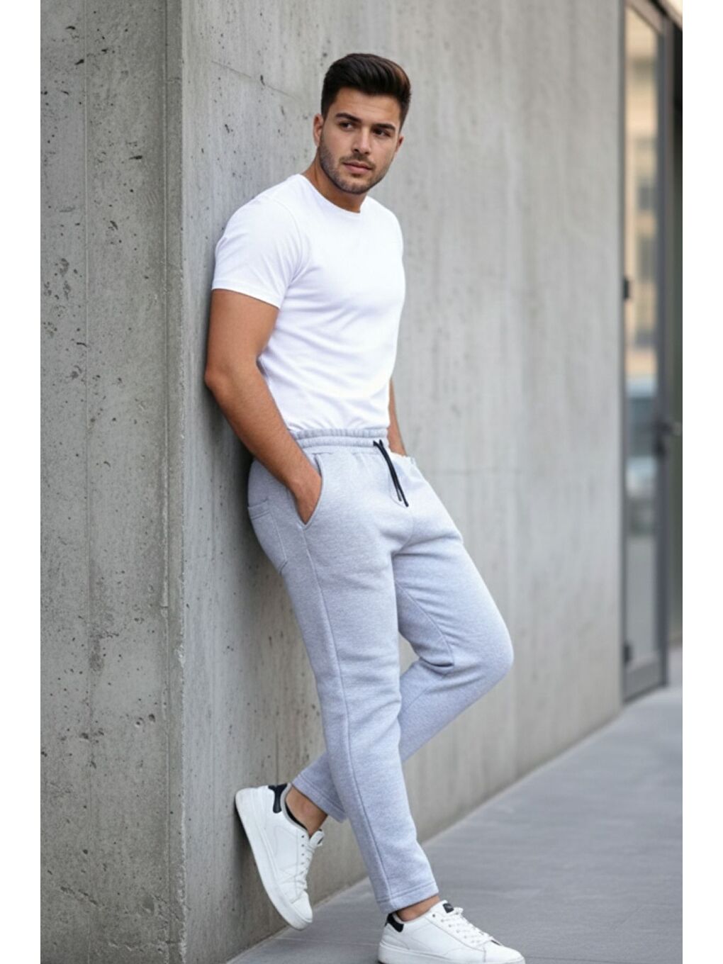 Erkek Beli Lastikli 3 Iplik Düz Paça Gri Eşofman Altı-3