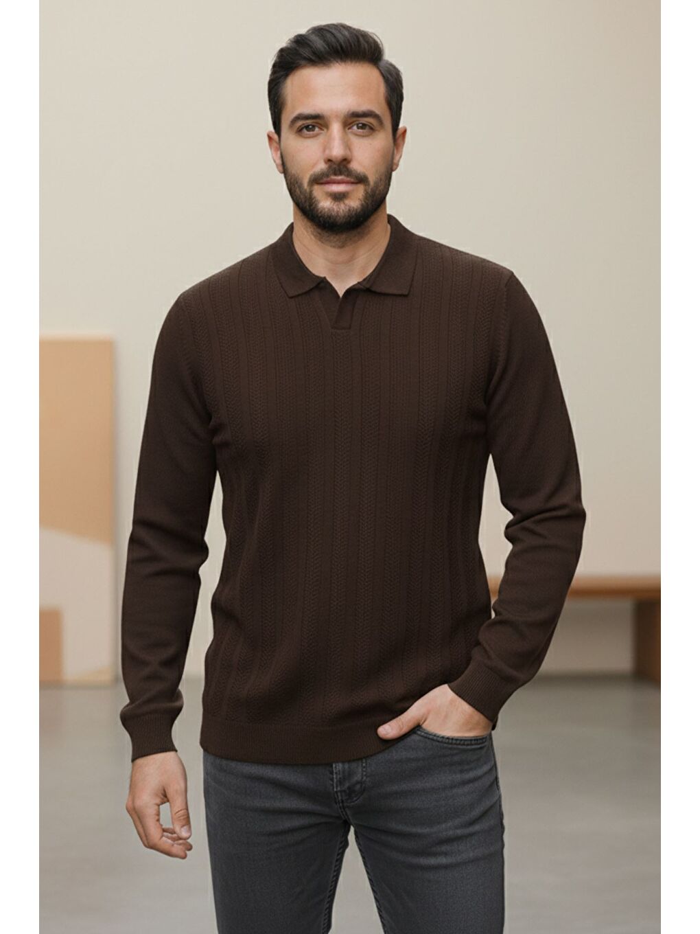 Kahverengi Erkek Kendinden Desenli Polo Yaka Triko Kazak