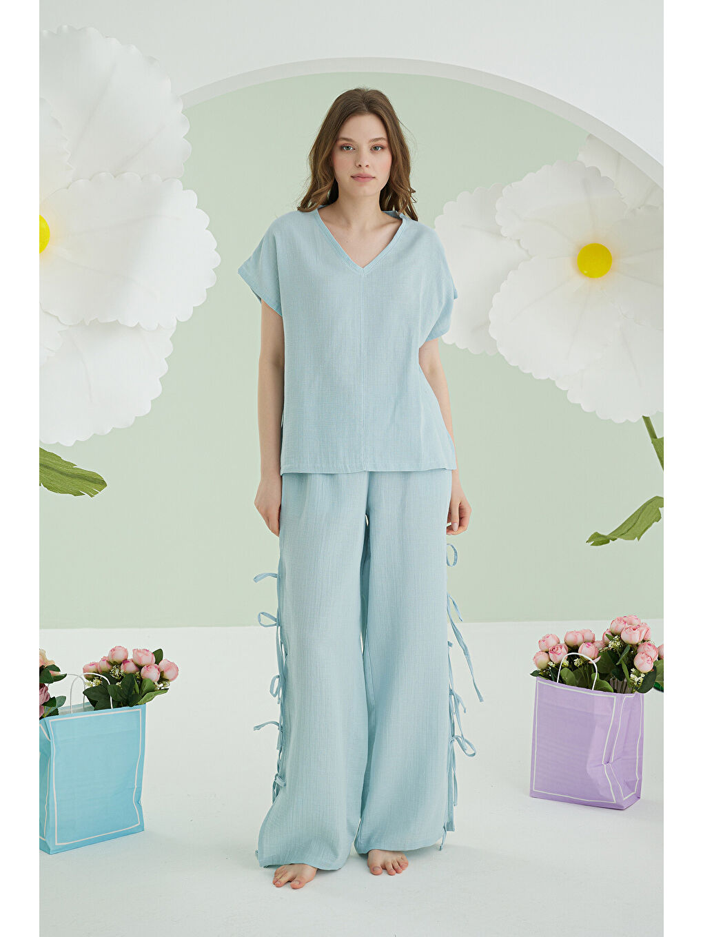 Mavi Ripper Müslin Pijama Takımı-1