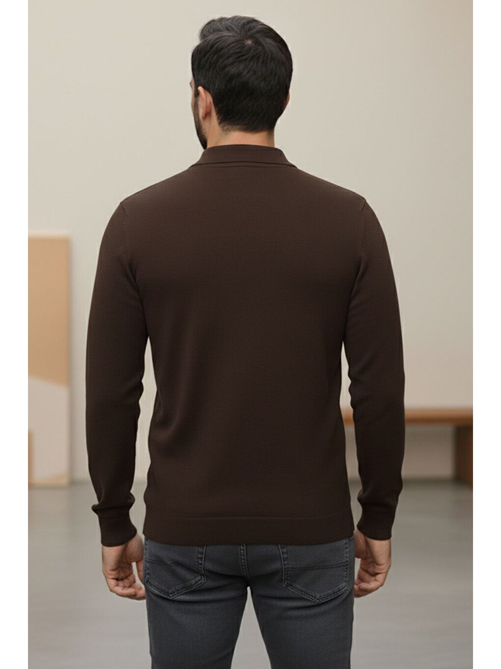 Kahverengi Erkek Kendinden Desenli Polo Yaka Triko Kazak-1