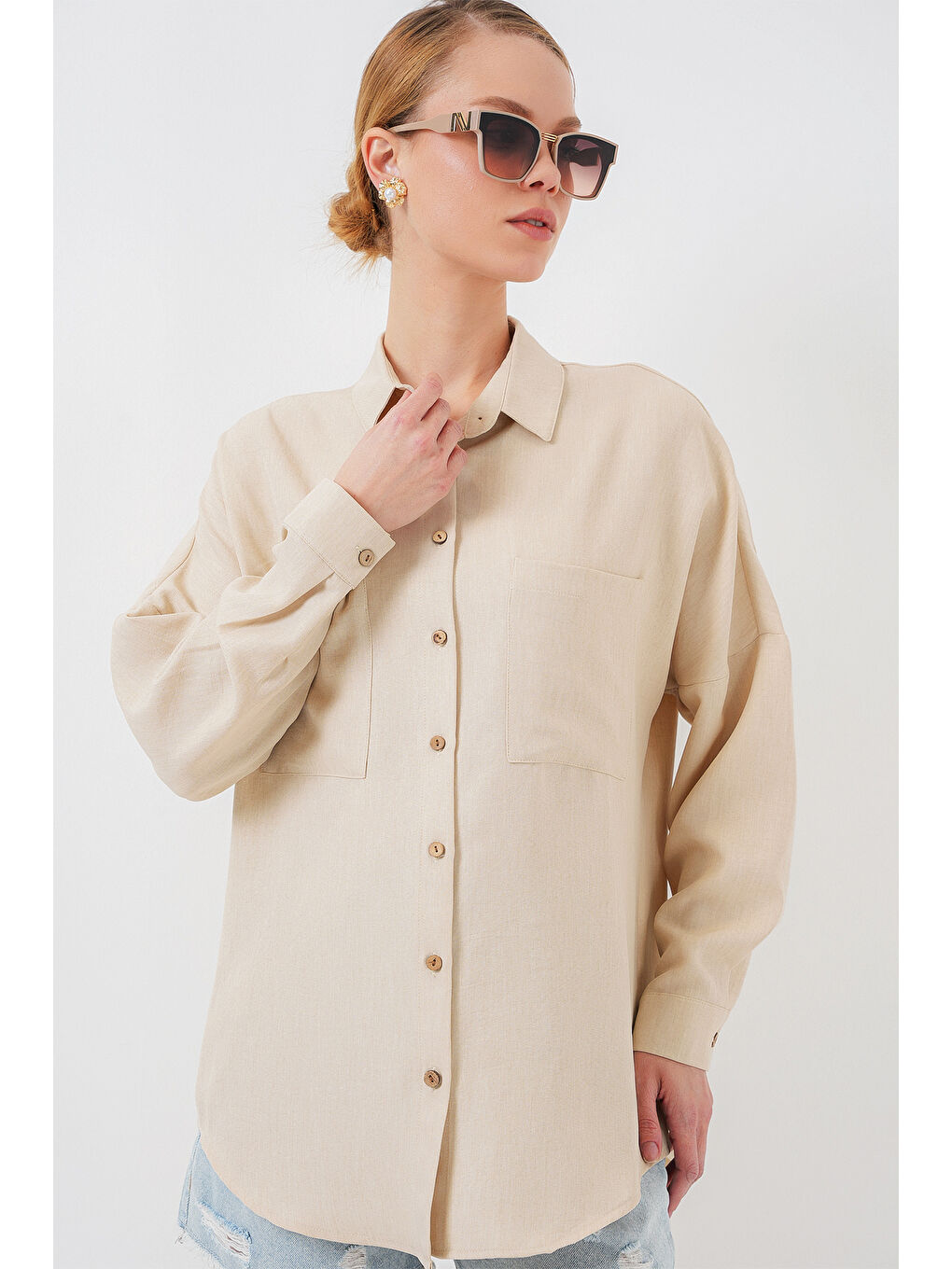 20126 Oversize Keten Gömlek - Bej-2