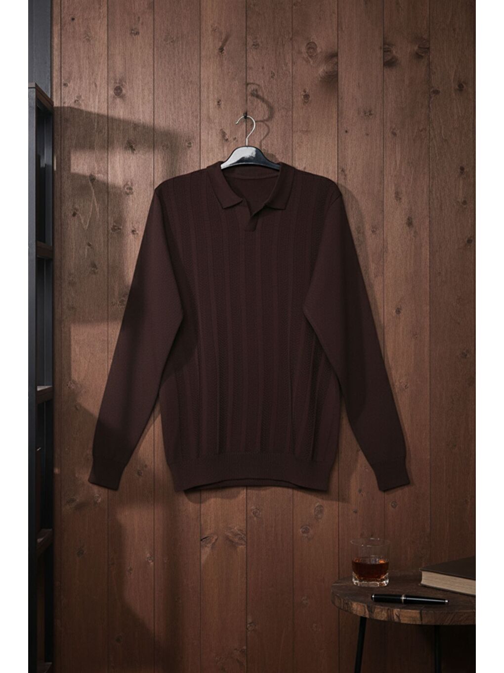 Kahverengi Erkek Kendinden Desenli Polo Yaka Triko Kazak-2