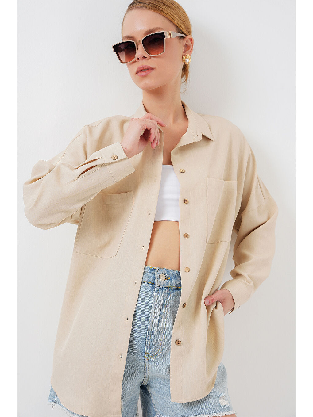 20126 Oversize Keten Gömlek - Bej-3