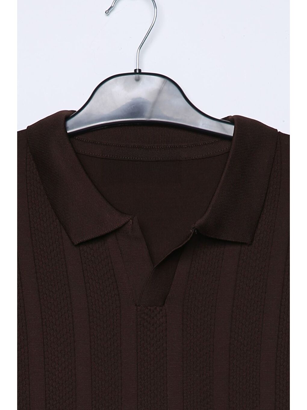 Kahverengi Erkek Kendinden Desenli Polo Yaka Triko Kazak-3