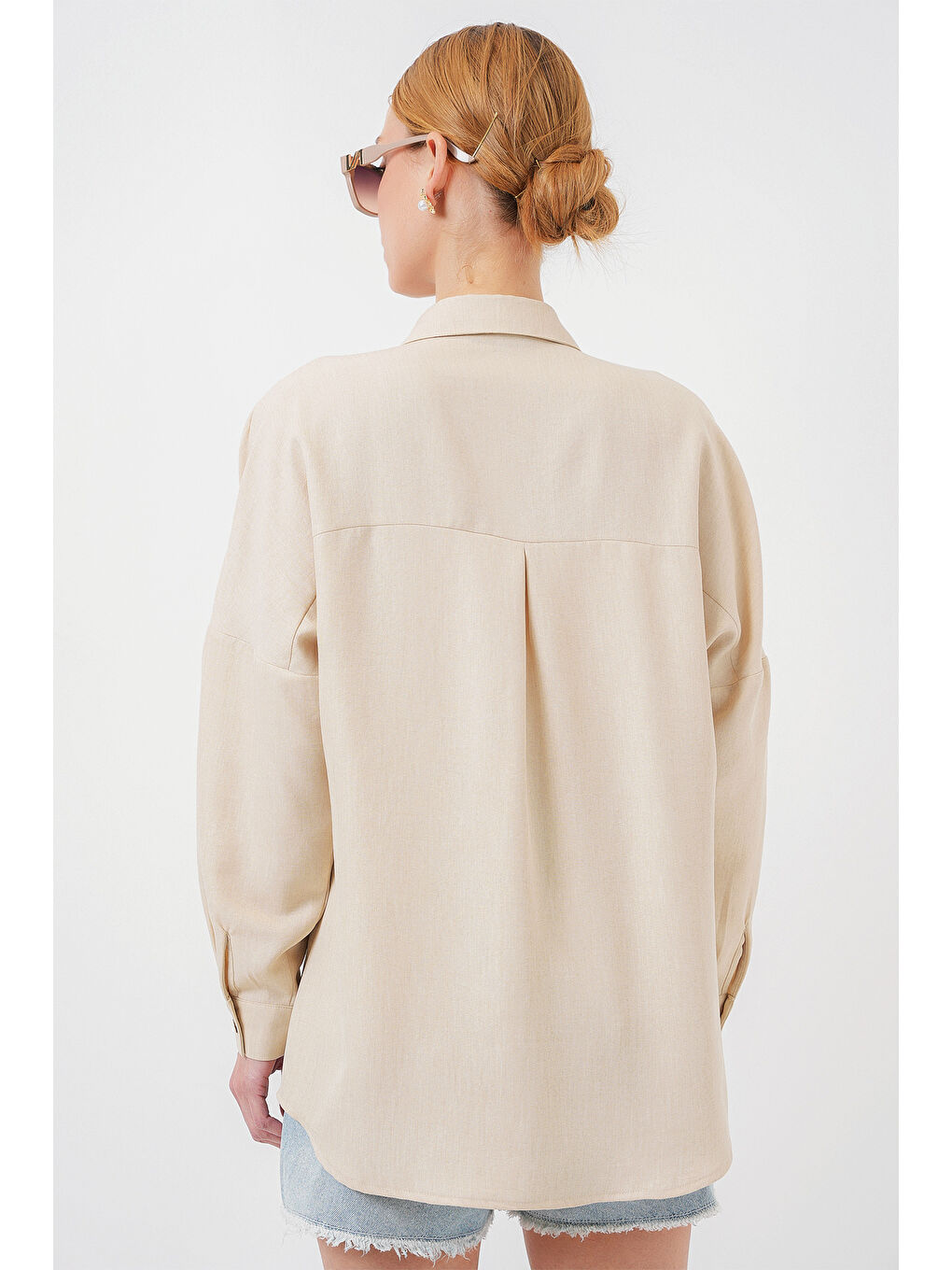20126 Oversize Keten Gömlek - Bej-5