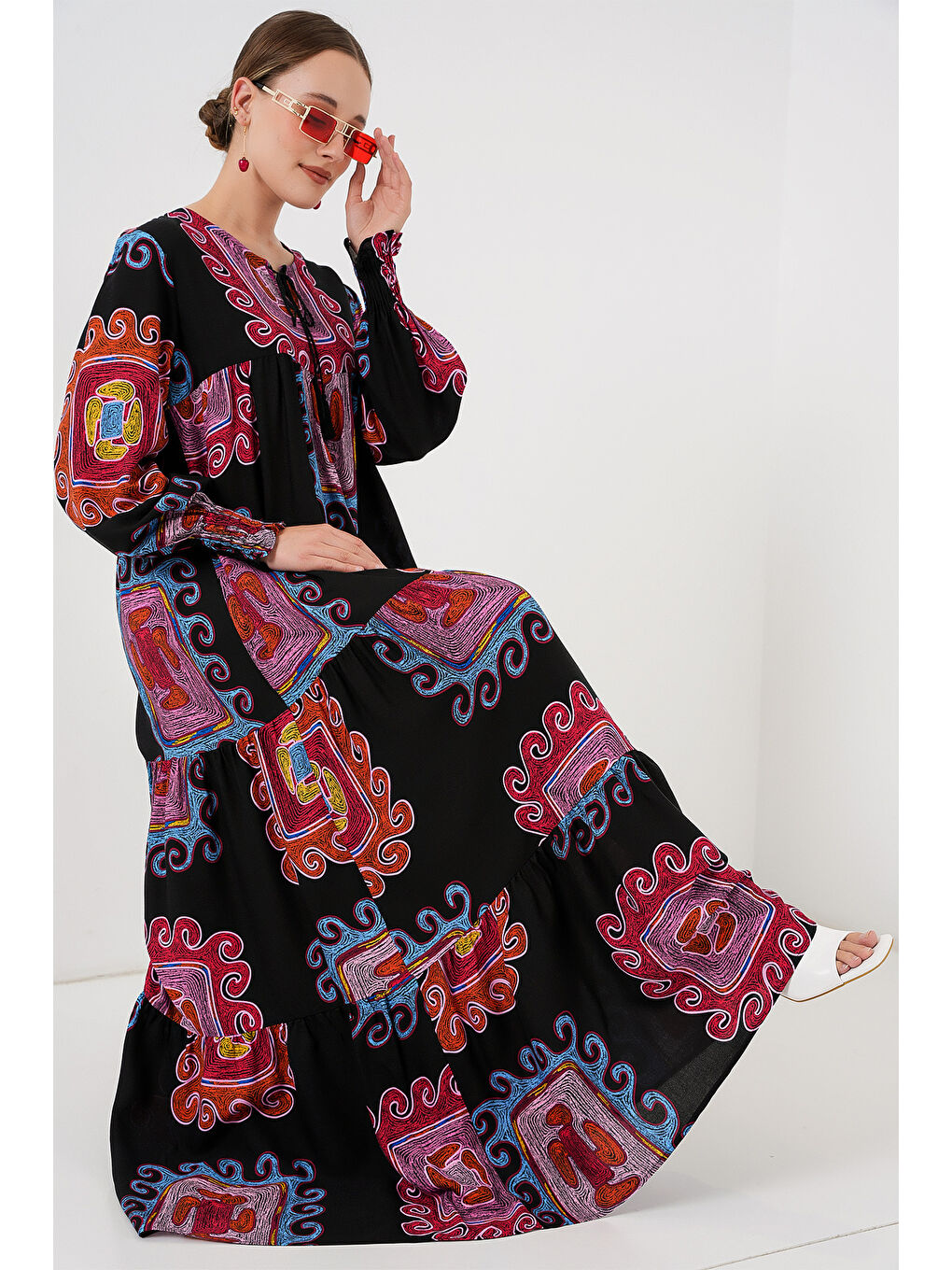 1947 Desenli Uzun Elbise - M. Kırmızı-1