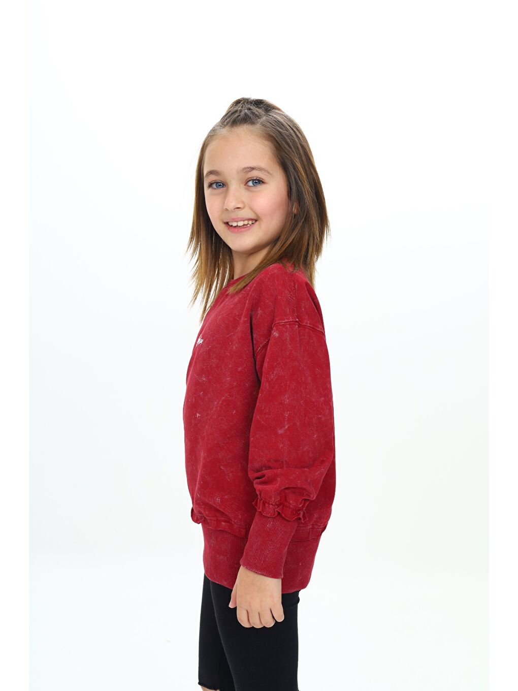 Bordo Kız Çocuk Yıkamalı Nakışlı Sweatshirt-1