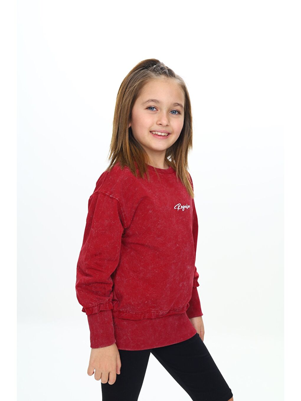 Bordo Kız Çocuk Yıkamalı Nakışlı Sweatshirt-2