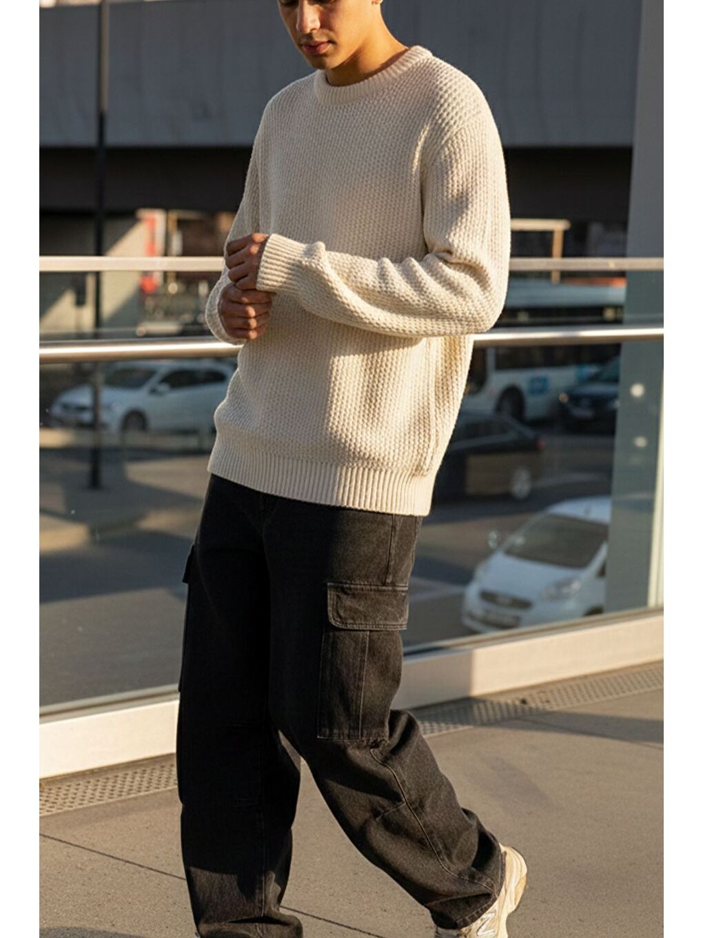 Bej Erkek Bisiklet Yaka Örme Triko Kazak