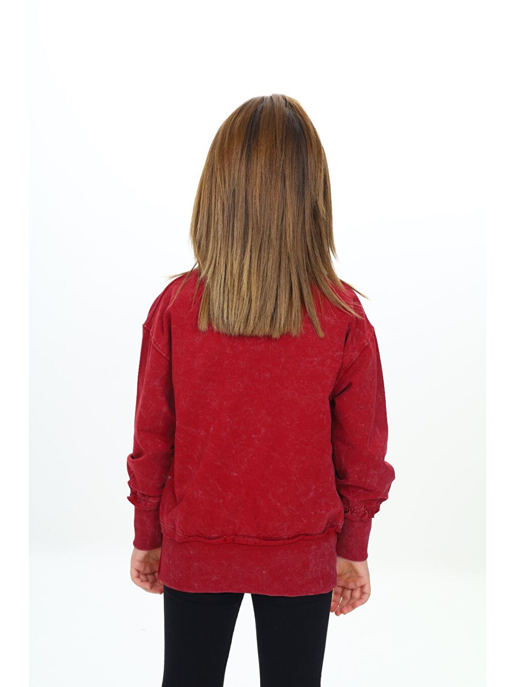 Bordo Kız Çocuk Yıkamalı Nakışlı Sweatshirt-3