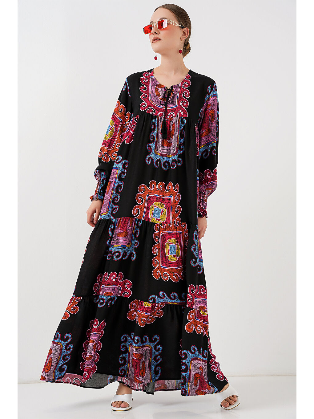 1947 Desenli Uzun Elbise - M. Kırmızı-2