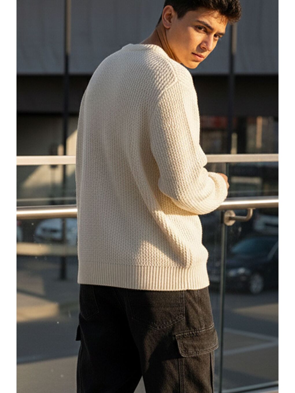 Bej Erkek Bisiklet Yaka Örme Triko Kazak-1